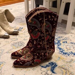 Free People Burgundy Embroidered Heeled Boots